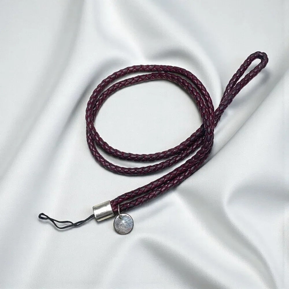 Bottega Veneta Braided Leather Phone Strap Brown With Silver Hardware Extra Long